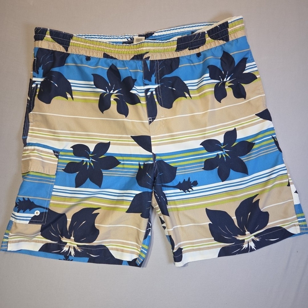 Islander Mens Large L board Shorts Lined Hawaiian Floral Tan